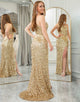 Glitter Golden One Shoulder Long Prom Dress With Split