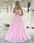 Pink A-Line Off The Shoulder Ruffle Tiered Prom Dress With Appliques
