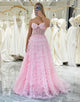 Pink A-Line Off The Shoulder Ruffle Tiered Prom Dress With Appliques