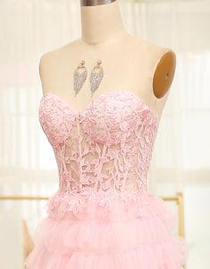 Pink A-Line Sweetheart Ruffle Tiered Prom Dress With Appliques