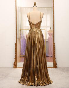 Sparkly Golden A-Line Spaghetti Straps Pleated Prom Dress with Slit