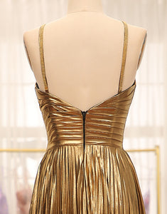 Sparkly Golden A-Line Spaghetti Straps Pleated Prom Dress with Slit