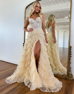Champagne A-Line Sweetheart Tulle Appliques Prom Dresses with Slit