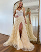 Champagne A-Line Sweetheart Tulle Appliques Prom Dresses with Slit