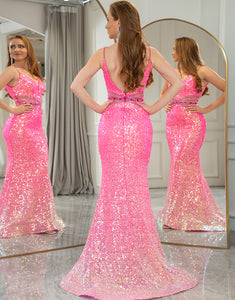 Sparkly Fuchsia Mermaid Backless Long Prom Dress