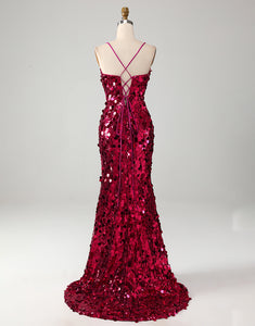 Sparkly Fuchsia Mermaid Long Prom Dress With Slit