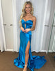 Sparkly Mermaid Blue Corset Prom Dress with Slit