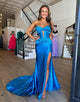 Sparkly Mermaid Blue Corset Prom Dress with Slit