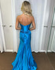 Sparkly Mermaid Blue Corset Prom Dress with Slit