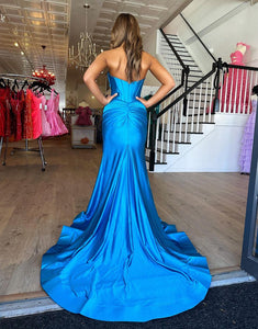 Sparkly Mermaid Blue Corset Prom Dress with Slit