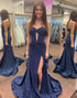 Navy Strapless Mermaid Cut out Corset Prom Dress with Slit