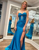 Sparkly Mermaid Blue Corset Prom Dress with Slit