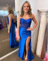 Royal Blue Mermaid Strapless Long Prom Dress with Slit