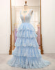Tiered Tulle Sweetheart Bow Tie Straps Sequin Prom Dress with Appliques