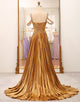 Stunning A Line Off the Shoulder Gold Long Prom Dress with Keyhole