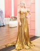 Stunning A Line Off the Shoulder Gold Long Prom Dress with Keyhole