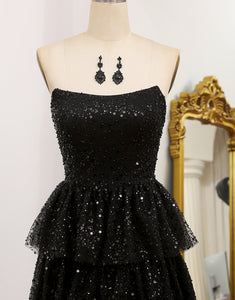 A-Line Sequins Black Tiered Prom Dress with Slit