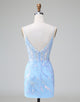 Blue Sequins Corset Open Back Short Homecoming Dress with Embroidery