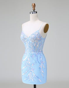 Blue Sequins Corset Open Back Short Homecoming Dress with Embroidery