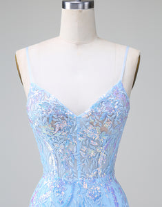 Blue Sequins Corset Open Back Short Homecoming Dress with Embroidery