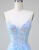 Blue Sequins Corset Open Back Short Homecoming Dress with Embroidery