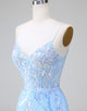 Blue Sequins Corset Open Back Short Homecoming Dress with Embroidery