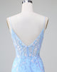 Blue Sequins Corset Open Back Short Homecoming Dress with Embroidery