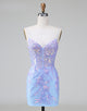 Sparkly Lilac Blue Corset Open Back Sequins Short Homecoming Dress with Embroidery