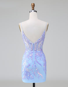 Sparkly Lilac Blue Corset Open Back Sequins Short Homecoming Dress with Embroidery