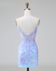 Sparkly Lilac Blue Corset Open Back Sequins Short Homecoming Dress with Embroidery