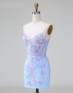 Sparkly Lilac Blue Corset Open Back Sequins Short Homecoming Dress with Embroidery