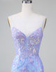 Sparkly Lilac Blue Corset Open Back Sequins Short Homecoming Dress with Embroidery