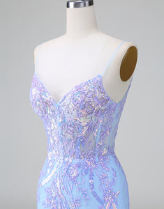 Sparkly Lilac Blue Corset Open Back Sequins Short Homecoming Dress with Embroidery