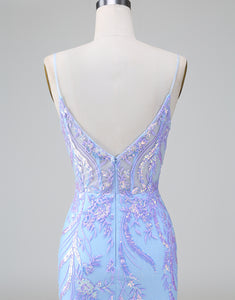 Sparkly Lilac Blue Corset Open Back Sequins Short Homecoming Dress with Embroidery