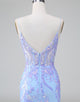 Sparkly Lilac Blue Corset Open Back Sequins Short Homecoming Dress with Embroidery