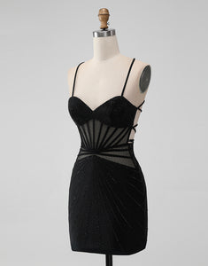 Black Bodycon Spaghetti Straps Corset Homecoming Dress with Beading