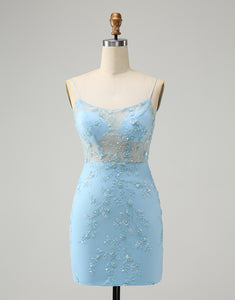 Blue Spaghetti Straps Bodycon Homecoming Dress with Lace-Up Back