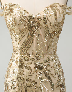 Sparkly Bodycon Golden Off The Shoulder Homecoming Dress with Sequins