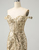 Sparkly Bodycon Golden Off The Shoulder Homecoming Dress with Sequins