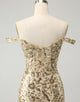 Sparkly Bodycon Golden Off The Shoulder Homecoming Dress with Sequins