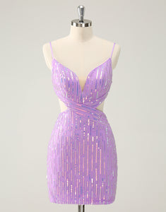 Glitter Purple Tight Sequined V Neck Short Homecoming Dress