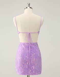 Glitter Purple Tight Sequined V Neck Short Homecoming Dress