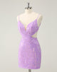 Glitter Purple Tight Sequined V Neck Short Homecoming Dress