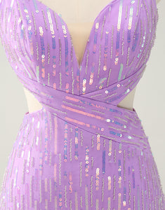 Glitter Purple Tight Sequined V Neck Short Homecoming Dress