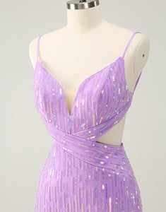 Glitter Purple Tight Sequined V Neck Short Homecoming Dress