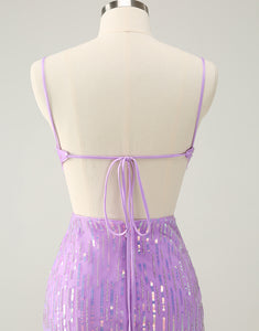 Glitter Purple Tight Sequined V Neck Short Homecoming Dress