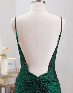 Dark Green Bodycon Spagehtti Straps Backless Homecoming Dress with Beading