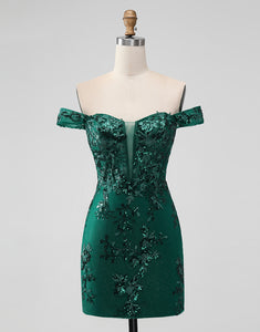 Sparkly Dark Green Off The Shoulder Tight Short Homecoming Dress with Sequins