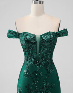 Sparkly Dark Green Off The Shoulder Tight Short Homecoming Dress with Sequins