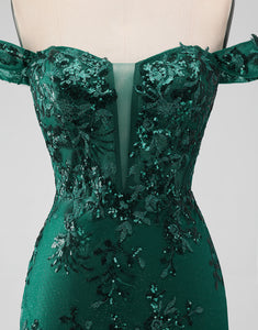 Sparkly Dark Green Off The Shoulder Tight Short Homecoming Dress with Sequins